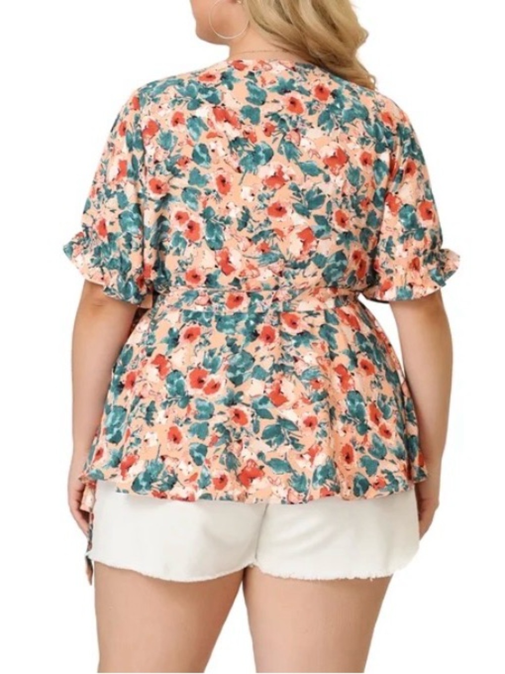 Plus Size Wrap Belted Tops Floral V-neck Ruffle Short Sleeve Peplum Blouse, 3X - Picture 5 of 15